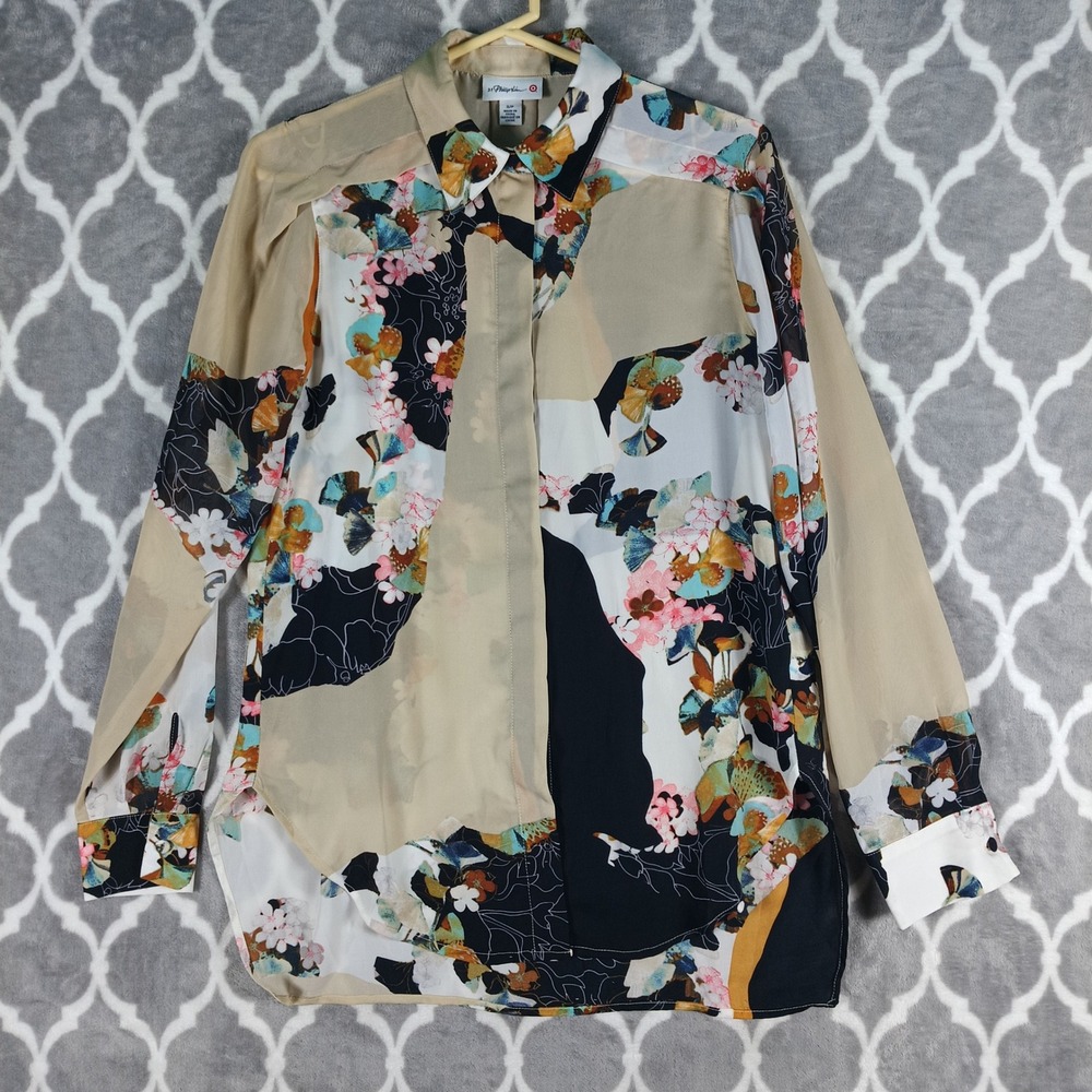 3.1 Phillip Lim Target Shirt Small Tan Black Button Up Blouse Floral Abstract